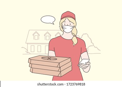 Food delivery, quarantine, coronavirus infection, concept. Young woman supplier cartoon character stands with pizza in medical face mask. Home food delivery on 2019ncov isolation and covid19 desease.