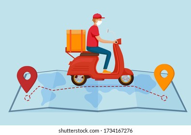 Food delivery quarantine illustration. Restaurant courier in mask with bag of ordered menu quickly delivers online order on red scooter, map icons of customers vector location.