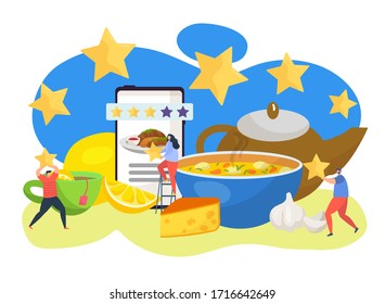 Food delivery rating, online shopping vector illuatration. Service rating opinion, customer choice at phone application. Characters near ordered large soup bowl, tea cup and cheese.