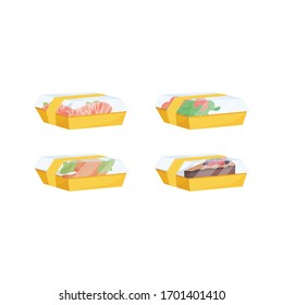 Food delivery, ready-to-eat meals in lunch boxes flat color vector objects set. Packed nutrition, restaurant eating. Food ordering service 2D isolated cartoon illustrations on white background