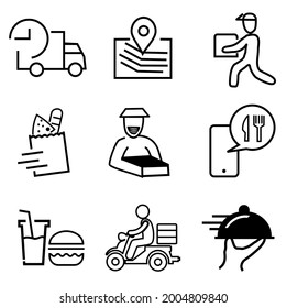 Food Delivery Related Vector Icons. Contains such Icons as Courier, Food Box, trolley, motorcycle, Food Packages, Contactless Delivery, and more. illustration delivery symbol