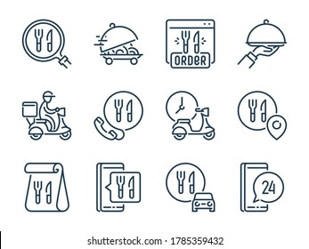 Food Delivery related vector line icon set. Online Food Order outline icons. Fast Shipping icon collection.