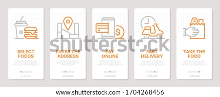 Food delivery related vertical cards. Mobile app onboarding screens. Templates for a website. Icons with editable stroke