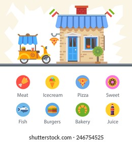 Food delivery. The restaurant building and a moped. Food badges: burger, meat, fish, pizza, ice cream, bakery, dessert, drink. Vector flat illustration and icon set