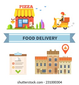 Food delivery. Restaurant, cafe, pizzeria. Vector flat illustration