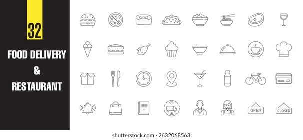 Food Delivery and Restaurant Line Art Icon Set Minimal Outline Icons for Apps, Menus, and Web Design
