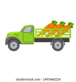 Food delivery retro truck vegetables. Carrot harvesting .Car illustration vector.Healthy eating.Isolated on a white background.