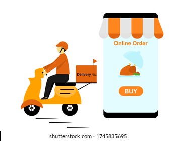 Food delivery ride motorbike, deliveryman send food to your home, hot food delivery service from restaurant, marketing flat cartoon character scooter online order, Smartphone application order online