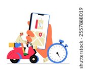 Food Delivery Rider On Scooter With Smartphone Map And Clock In Flat Vector Illustration Symbolizing Fast Delivery, Navigation, And Online Ordering, Isolated On White Background.