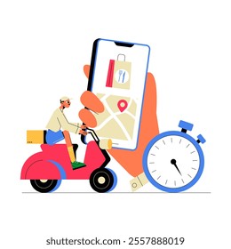 Food Delivery Rider On Scooter With Smartphone Map And Clock In Flat Vector Illustration Symbolizing Fast Delivery, Navigation, And Online Ordering, Isolated On White Background.