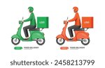 Food delivery rider sit on scooter in side view ,Scooter or motorcycle drivers deliver food in green and orange uniforms. On the back there is a box or bag for storing food, vector 3d isolated