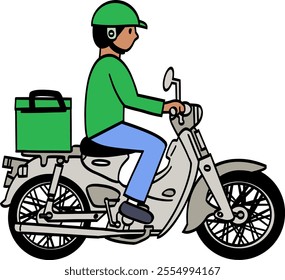 Food delivery rider sit on scooter in side view ,Scooter or motorcycle drivers deliver food in green  uniform. On the back there is a box or bag for storing food, vector isolated, line art