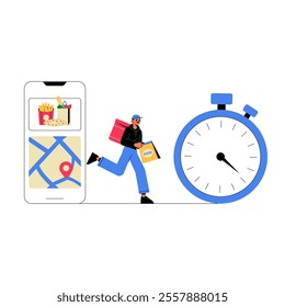 Food Delivery Rider And Stopwatch With Smartphone In Flat Vector Illustration Symbolizing Speedy Delivery, Online Ordering, And Fast Food Services, Isolated On White Background.