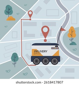O robô entrega de comida está dirigindo na calçada. Robôs entregando alimentos, encomendas ou postes. Tecnologias sem fio. Carro não tripulado na cidade. Mapa com alfinetes de caminho e localização. Serviço de entrega. ilustração de vetor