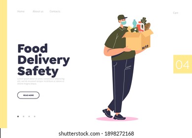 Food delivery and safety concept of landing page with courier wearing mask deliver grocery. Young delivery man holding box of products. Flat cartoon vector illustration