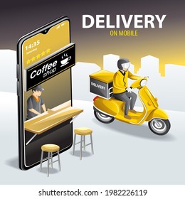 Food Delivery Scooter Driver With Yellow Backpack Behind Back Is On His Way To Deliver Coffee. Courier On Scooter Delivering Food.
