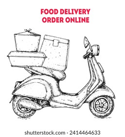 Food Delivery scooter hand drawn sketch. Goods delivery. Vector illustration. Logistics and delivery scooter. Fast delivery of food.