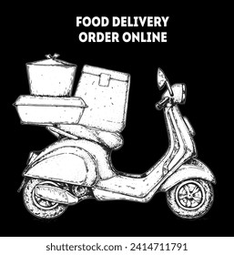 Food Delivery scooter hand drawn sketch. Goods delivery. Vector illustration. Logistics and delivery scooter. Fast delivery of food.
