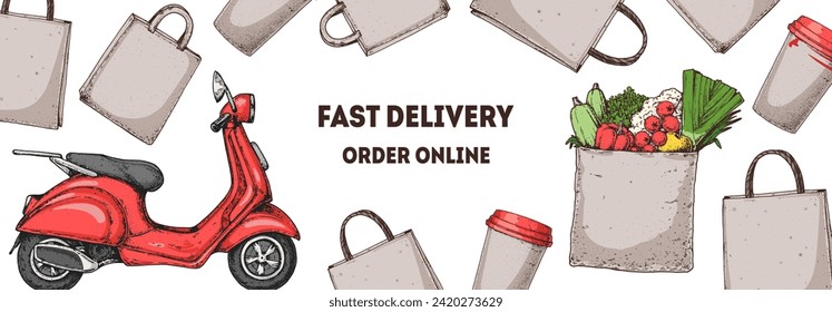 Food Delivery scooter hand drawn. Goods delivery. Vector illustration. Logistics and delivery scooter. Fast delivery of food.