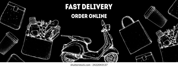 Food Delivery scooter hand drawn sketch. Goods delivery. Vector illustration. Logistics and delivery scooter. Fast delivery of food.