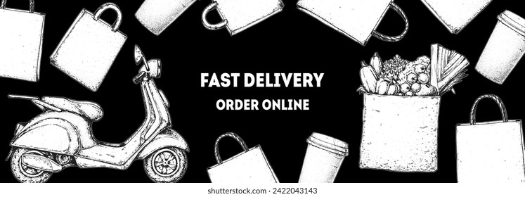 Food Delivery scooter hand drawn sketch. Goods delivery. Vector illustration. Logistics and delivery scooter. Fast delivery of food.