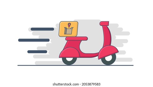 Food delivery scooter icon. Fast delivery service on a red scooter with yellow box. Moped with box.