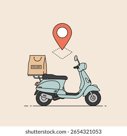Scooter de entrega de alimentos com ilustração de pino de localização para serviço de pedido on-line