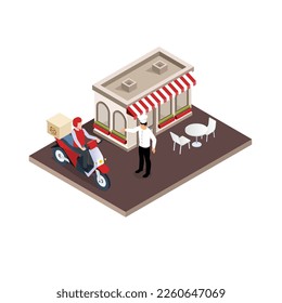 Food delivery with scooter restaurant and chef 3d isometric vector illustration concept for banner, website, landing page, ads, flyer template