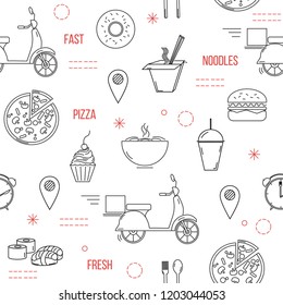 Food delivery. Seamless pattern with thin line elements related to fast food industry