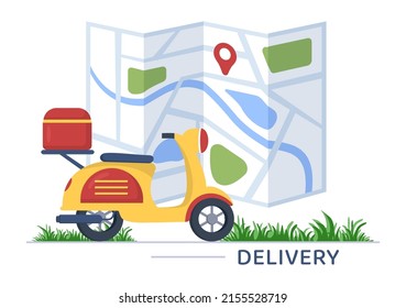 Food Delivery Service App on a Tracking Smartphone to Order Ready Meals and Delivered to Your Home by Scooter in Flat Cartoon Illustration
