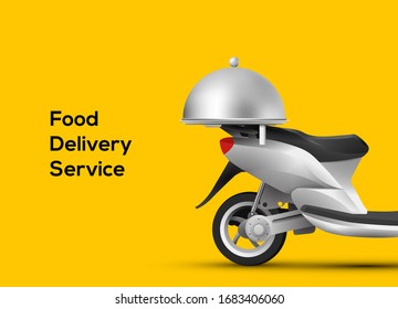 Food delivery service banner concept with back side of scooter and cloche as trunk. Isolated on yellow background. Vector illustration.