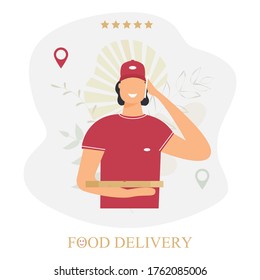 Food delivery service banner. A male courier holds cardboard packing box with pizza. Messenger in red uniform, baseball cap. Mobile app template decorated abstract leaves. Concept vector illustration