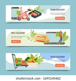 Food delivery service banner vector illustration. Courier delivering pizza on skateboard. Woman delivers sushi on motorbike. Mobile application for fast meal order online. Truck shipping lunch.