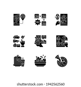 Food delivery service black glyph icons set on white space. Real-time order tracking. Special offers. Choosing cuisine. Menu online. Salad, pizza. Silhouette symbols. Vector isolated illustration