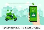 Food delivery service by scooter with courier. Hand holding mobile application tracking a delivery man on a moped. city skyline in the background.