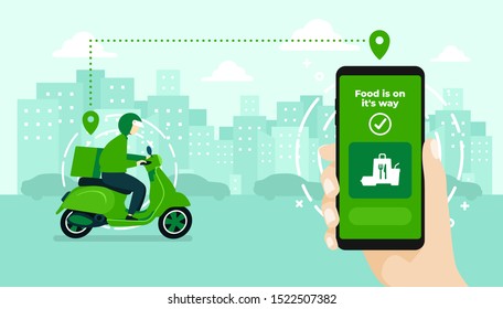Food delivery service by scooter with courier. Hand holding mobile application tracking a delivery man on a moped. city skyline in the background.