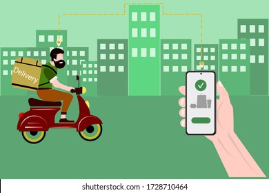 Food delivery service by scooter with courier. Hand holding mobile application tracking a delivery man on a moped. city skyline in the background.