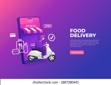 Food delivery service by scooter on mobile phone banner. Online order food on a smartphone.