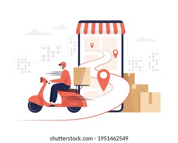 Food delivery service. food delivery service by scooter with courier. mobile application tracking a delivery man. Vector