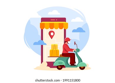 Food delivery service by scooter with courier. Food delivery app on a smartphone tracking a delivery man service Illustration concept.