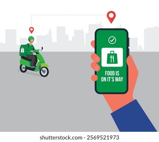 Food delivery service by scooter with courier. Hand holding mobile application tracking a delivery man. city skyline in the background. stock illustration