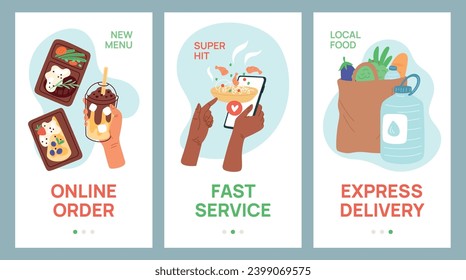 Food delivery service cards. Mobile app screens template. Products fast order. Online grocery choice. Shipment to door. Meal and phone in hands. Supermarket bags. Garish