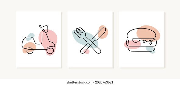 Food delivery service cards. Modern one line vector illustration.