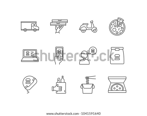 Food delivery service, catering line icons set with\
truck, hand holding pizza boxes, scooter, online ordering, paper\
bag, noodles box.