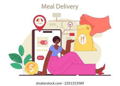 Food delivery service. Food catering from restaurant or grocery shop. Mobile application for takeaway menu online order. Delivery Man with a package. Flat vector illustration