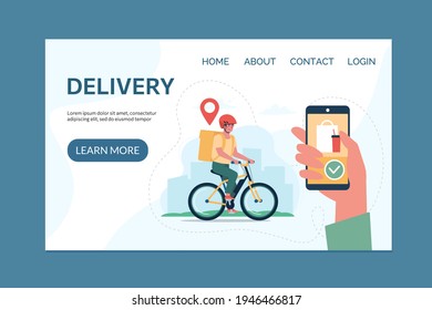 Food Delivery Service Concept And App For Tracking Online Orders, Home Delivery. Electric Bike, Courier. Website Template With Flat Vector Illustrations.