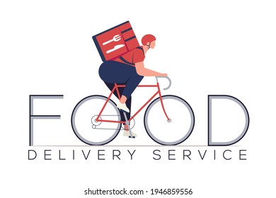 Food delivery service concept with courier character on bicycle build in food word. Isolated on white background. Vector illustration