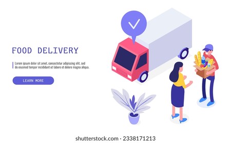 Food delivery service concept. Deliveryman handing over the food box to a female client. Isometric web banner. Vector.