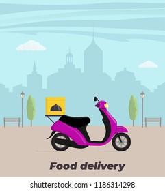 Food delivery service concept illustration. Motorbike with food box on the trunk. Big city on background. Vector flat illustration