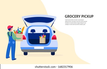 Food delivery service concept, online order. Truck or scooter warehouse courier with a delivery man. Vector illustration